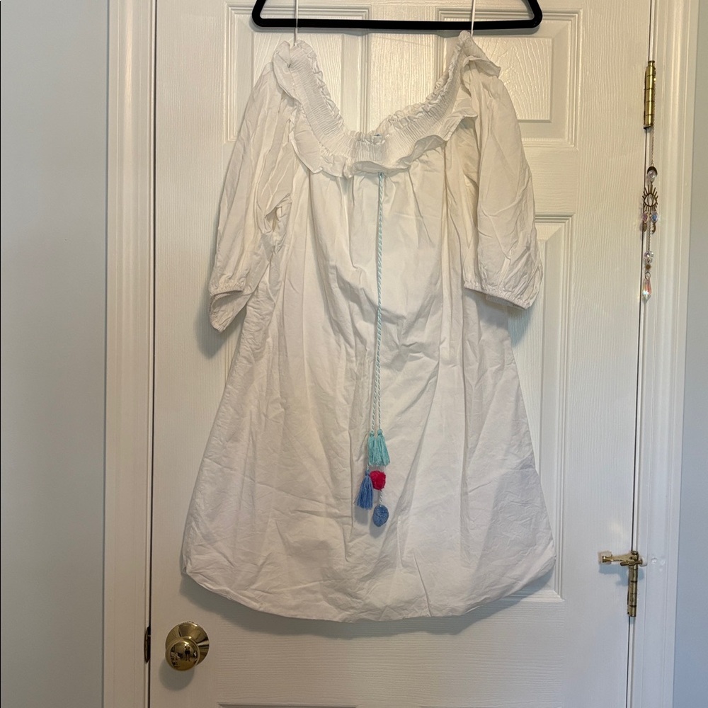 J. McLaughlin White Off-Shoulder Dress with Blue and Red Tassels - Picture 2 of 8